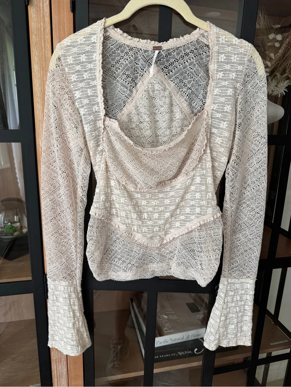 Free People lace long sleeve My Party Top Salt ruffle square neck cropped sheer